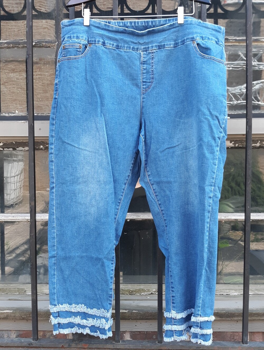 Slimsation By Multiples Blue Straight Leg Jeans with Frayed Hem Detail Pull On